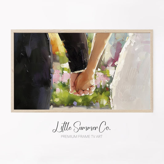 Bride and Groom Holding Hands Frame TV Art displayed on a TV