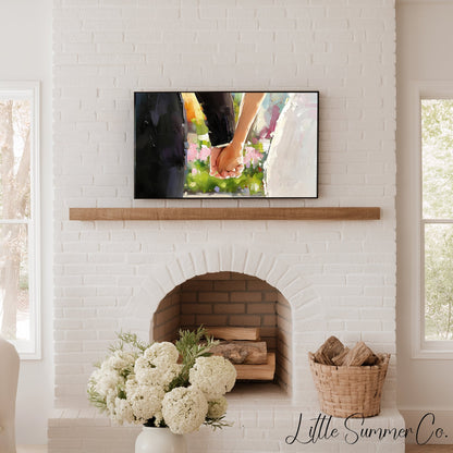 Bride and Groom Holding Hands Frame TV Art displayed on a TV