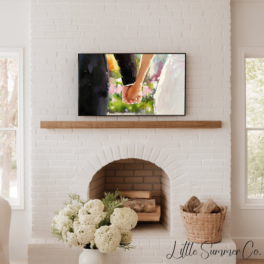 Bride and Groom Holding Hands Frame TV Art displayed on a TV