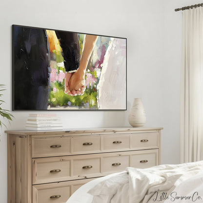 Bride and Groom Holding Hands Frame TV Art displayed on a TV
