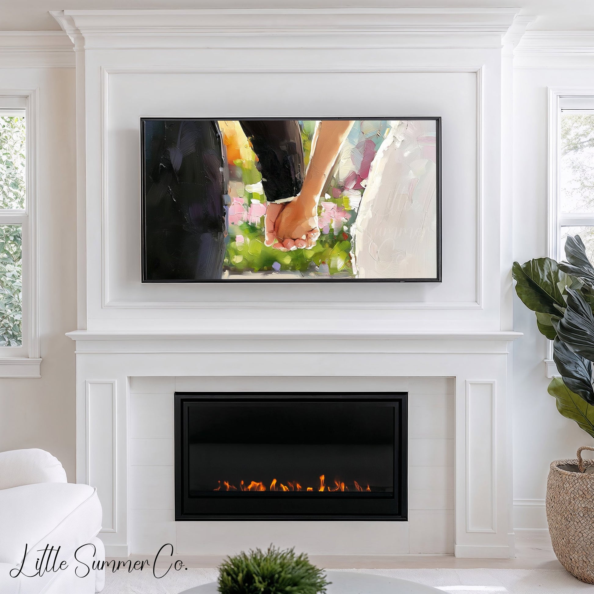Bride and Groom Holding Hands Frame TV Art displayed on a TV