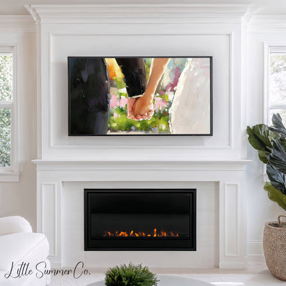 Bride and Groom Holding Hands Frame TV Art displayed on a TV