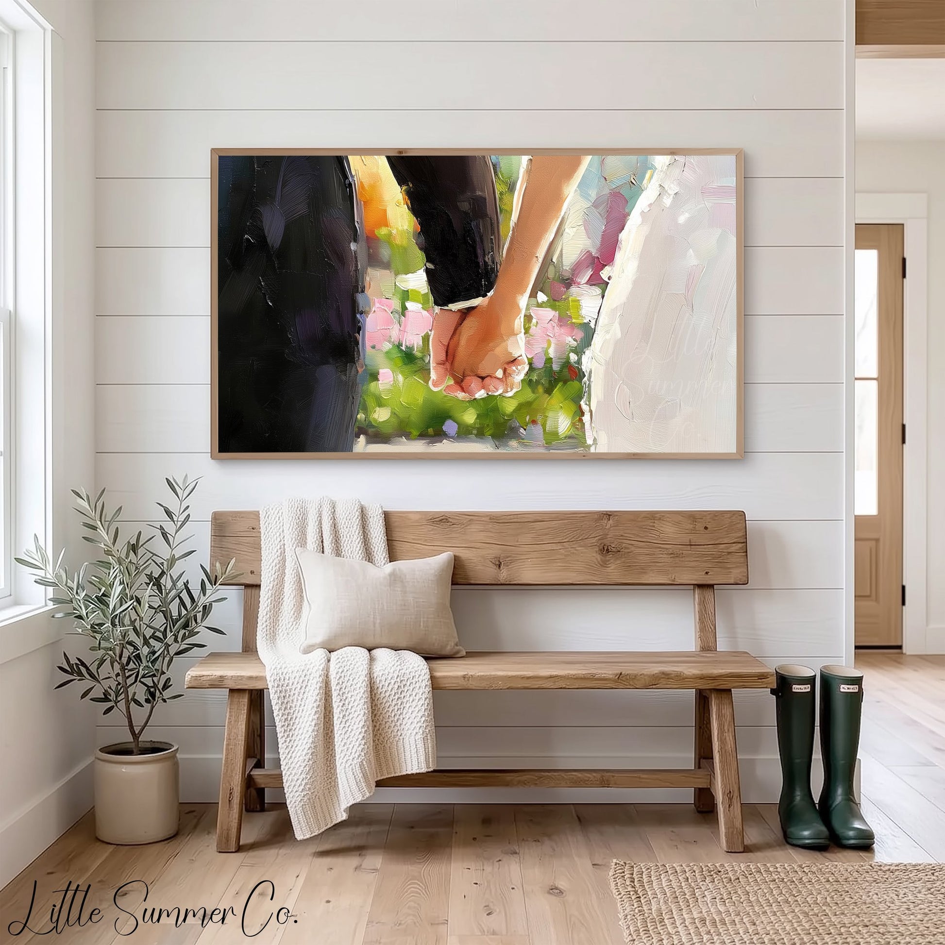 Bride and Groom Holding Hands Frame TV Art displayed on a TV