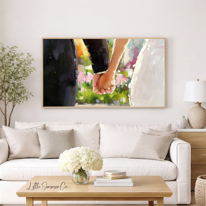 Bride and Groom Holding Hands Frame TV Art displayed on a TV