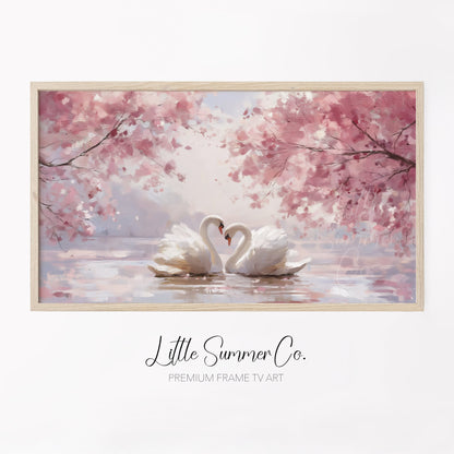Swans Under Cherry Blossoms Frame TV Art displayed on a TV