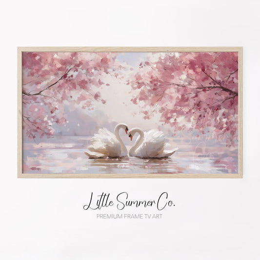 Swans Under Cherry Blossoms Frame TV Art displayed on a TV