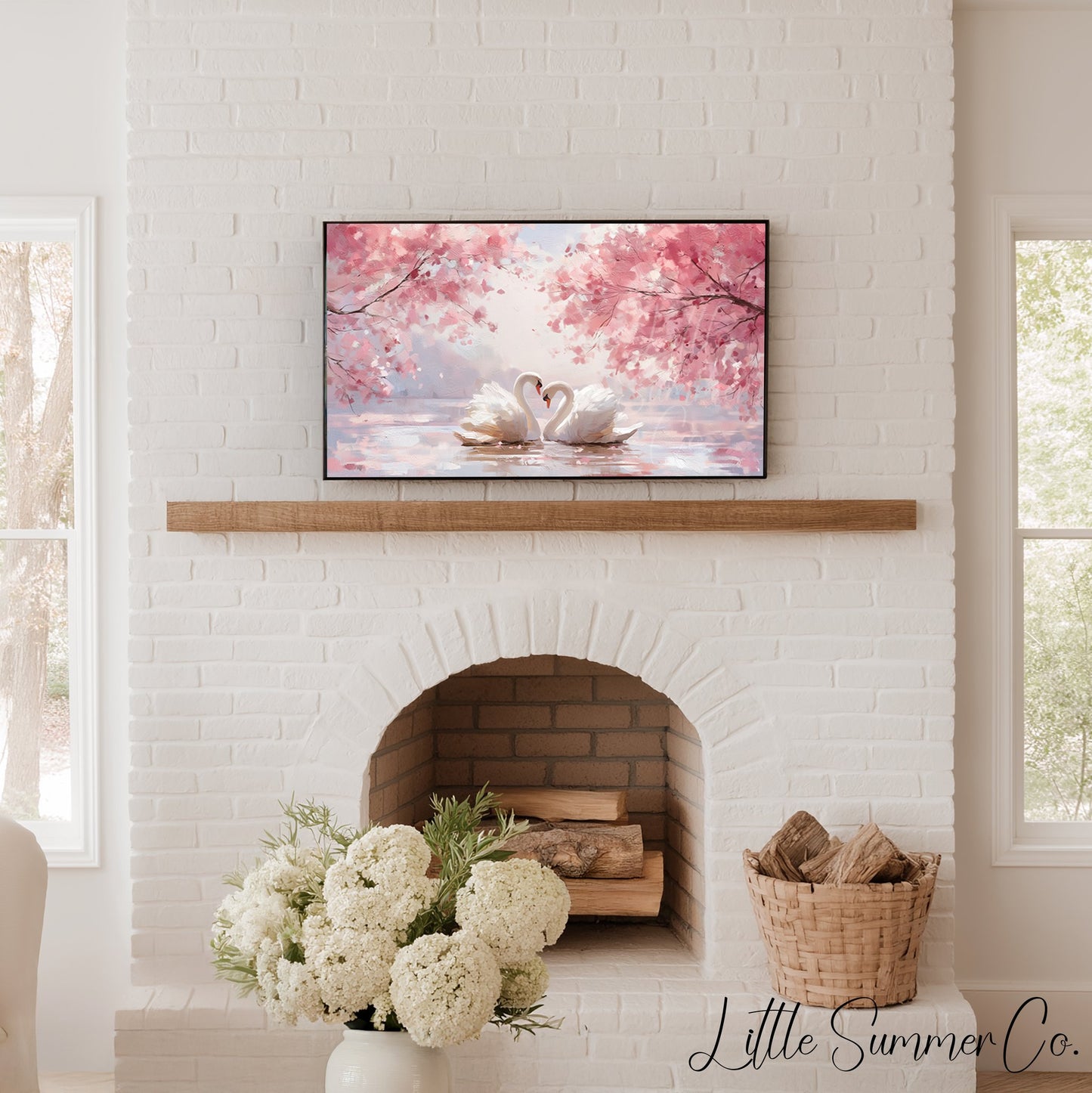 Swans Under Cherry Blossoms Frame TV Art displayed on a TV