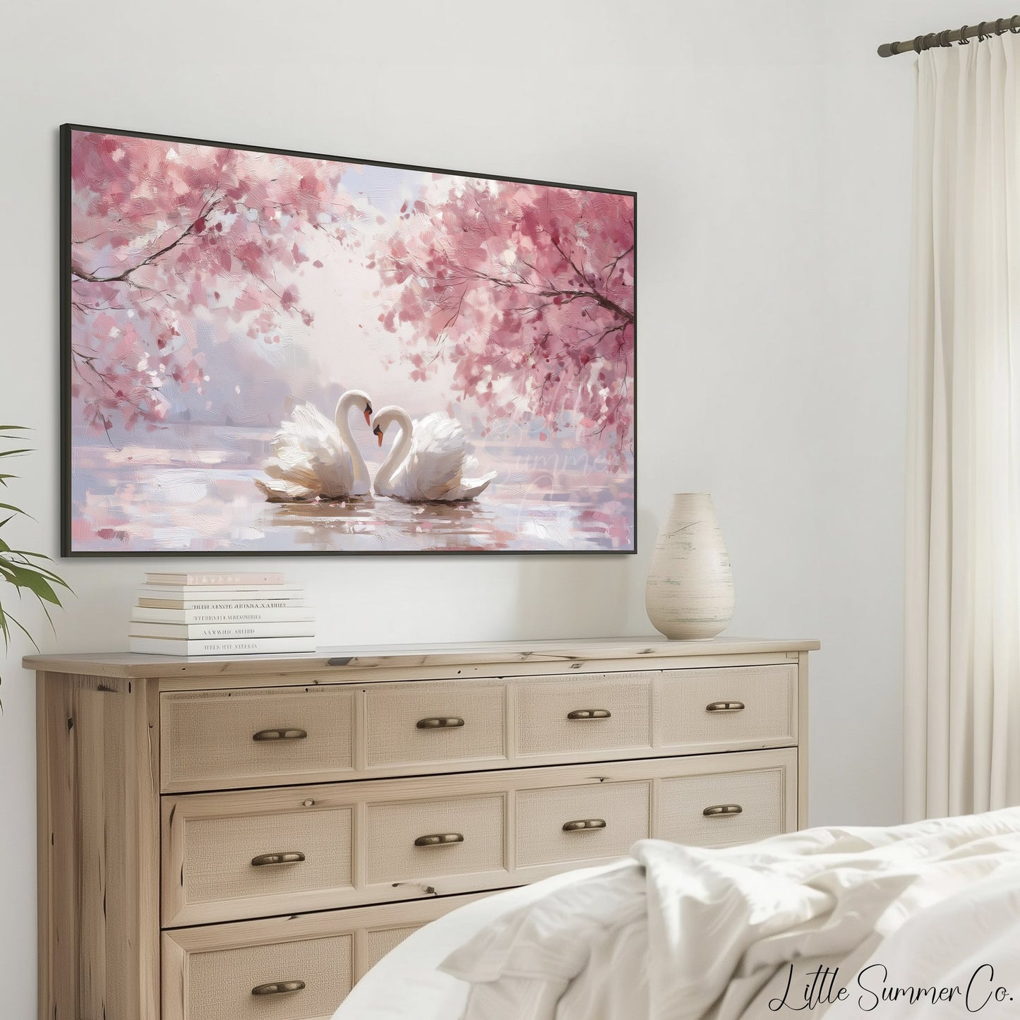 Swans Under Cherry Blossoms Frame TV Art displayed on a TV