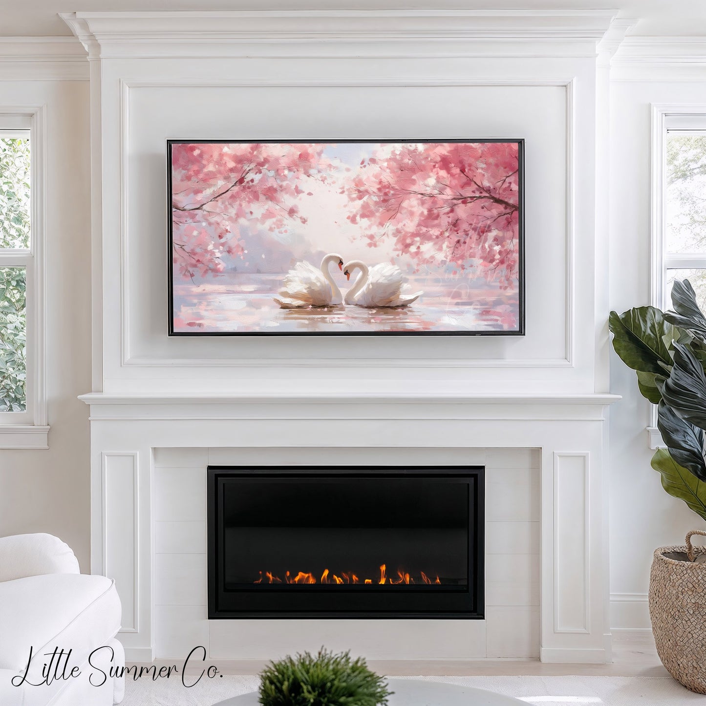 Swans Under Cherry Blossoms Frame TV Art displayed on a TV