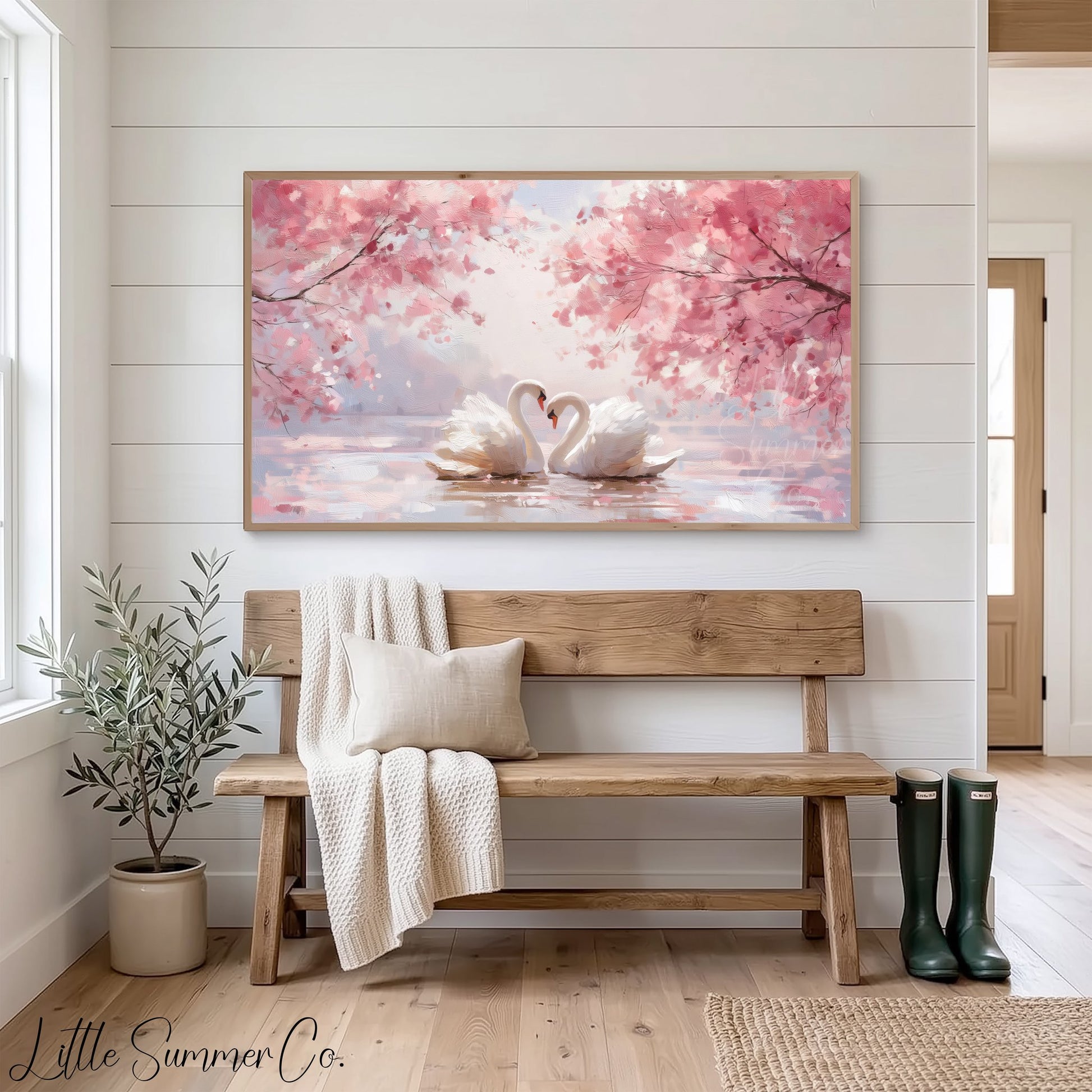 Swans Under Cherry Blossoms Frame TV Art displayed on a TV