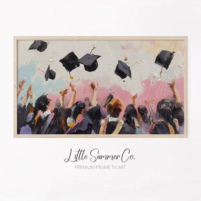 Graduation Cap Toss Crowd Frame TV Art displayed on a TV