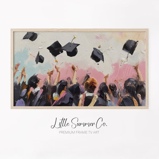Graduation Cap Toss Crowd Frame TV Art displayed on a TV