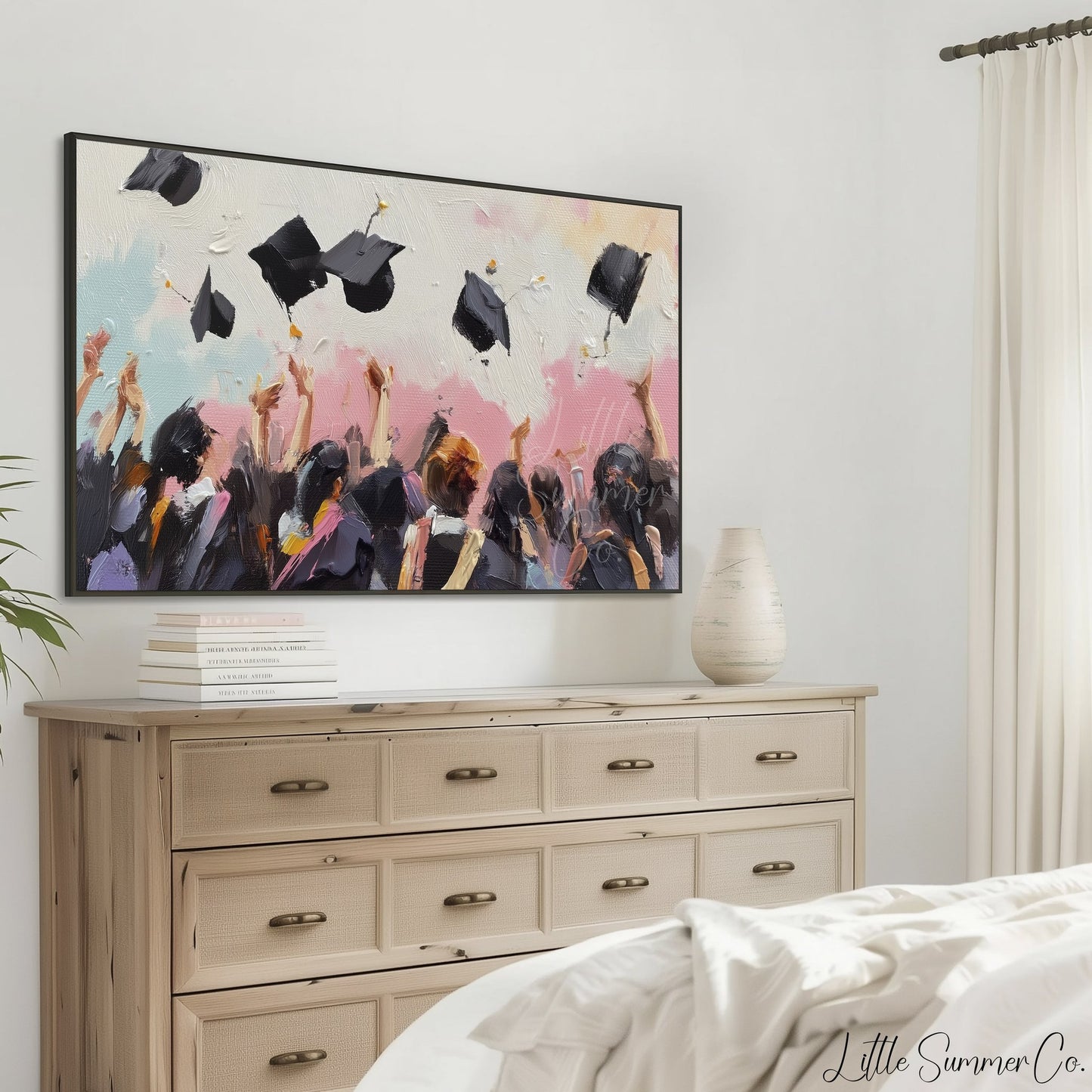 Graduation Cap Toss Crowd Frame TV Art displayed on a TV