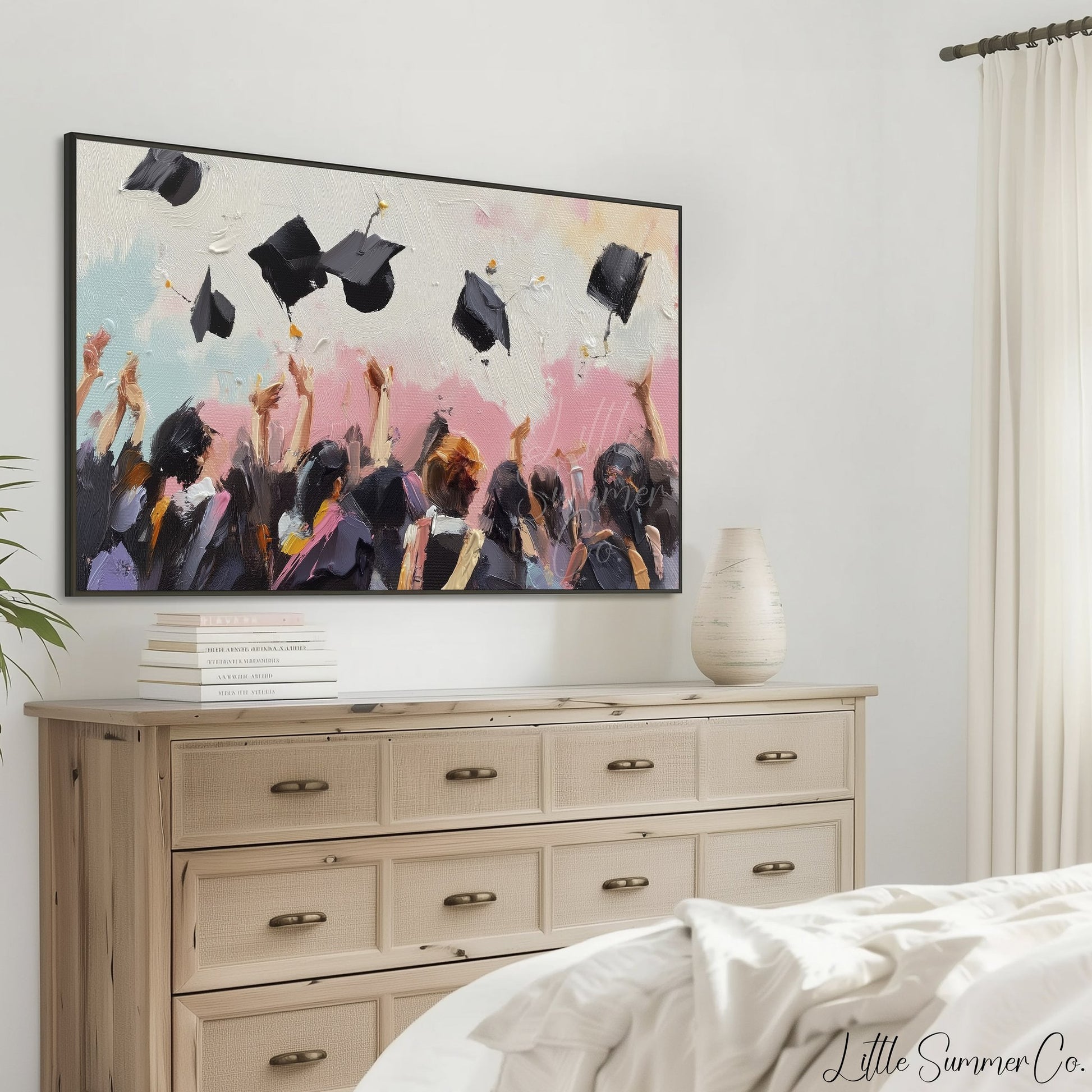 Graduation Cap Toss Crowd Frame TV Art displayed on a TV
