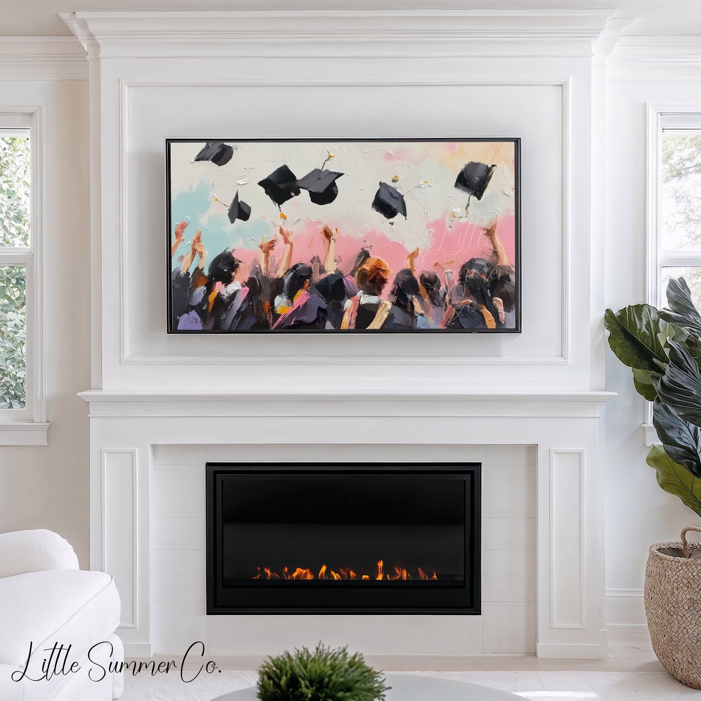 Graduation Cap Toss Crowd Frame TV Art displayed on a TV