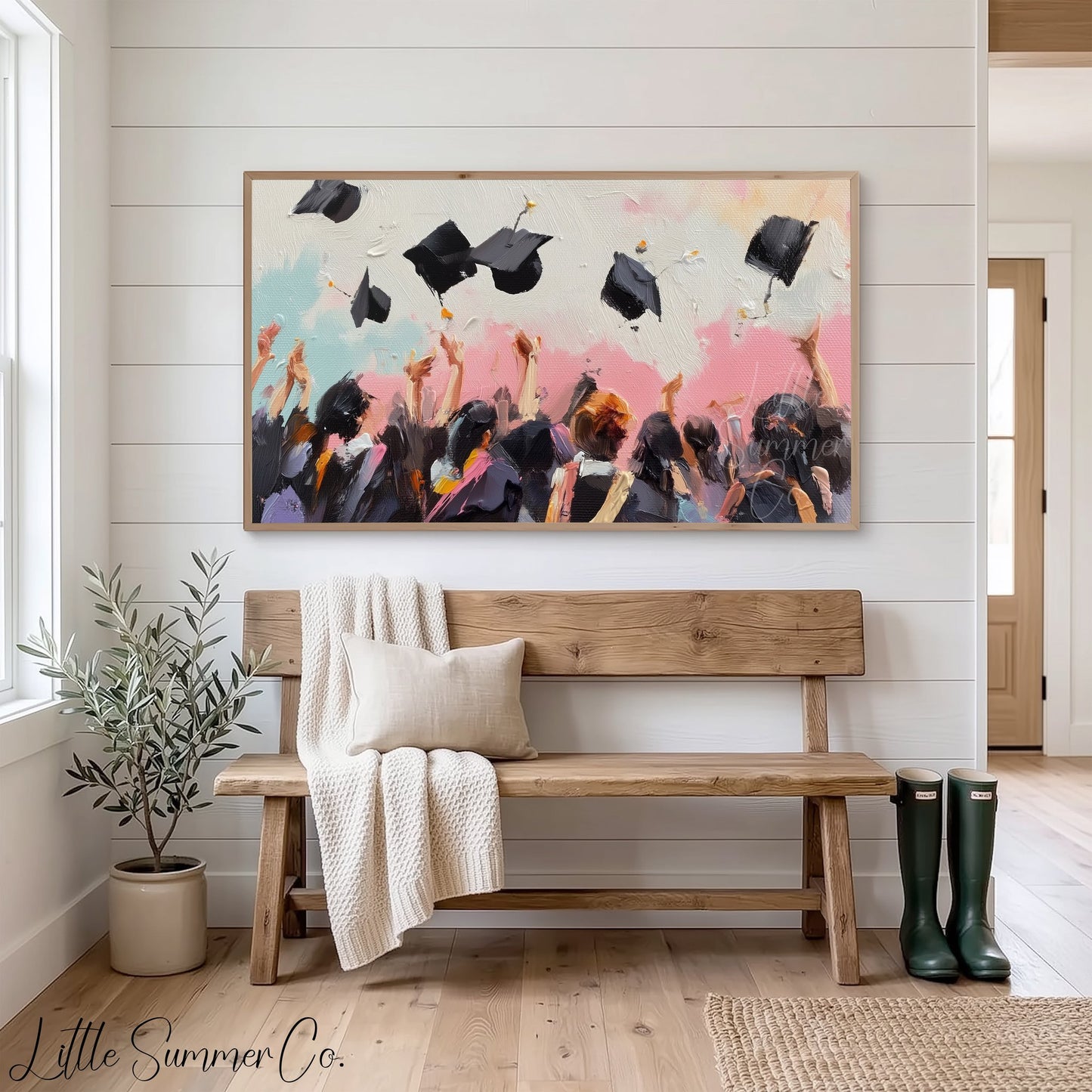 Graduation Cap Toss Crowd Frame TV Art displayed on a TV