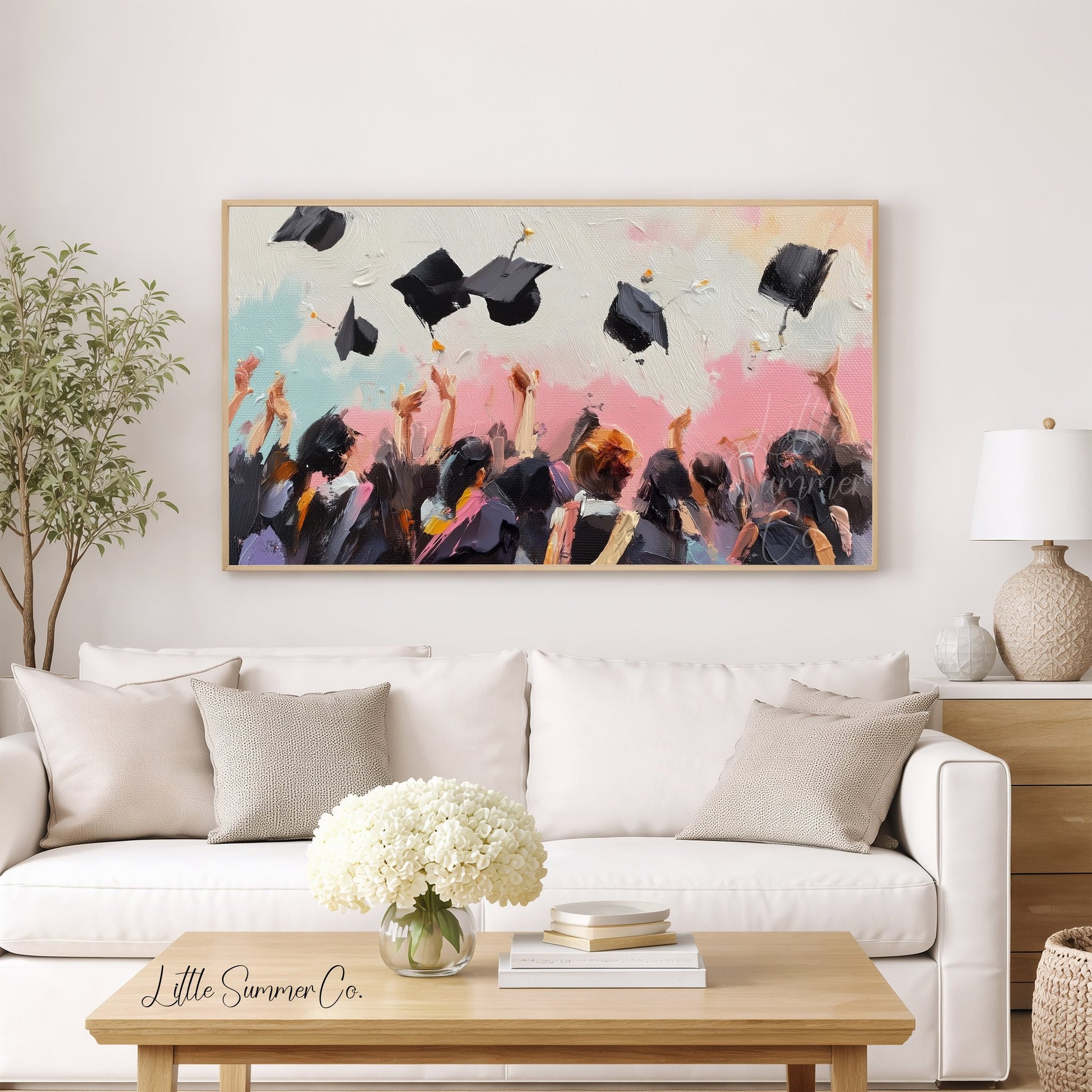 Graduation Cap Toss Crowd Frame TV Art displayed on a TV