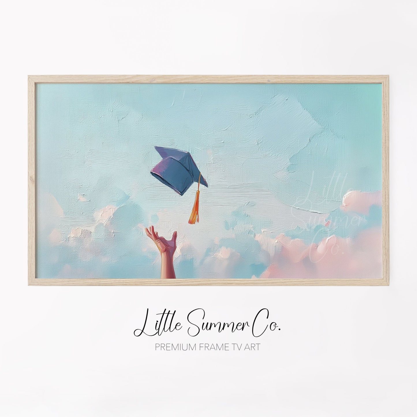 Graduation Cap Toss Sky Frame TV Art displayed on a TV