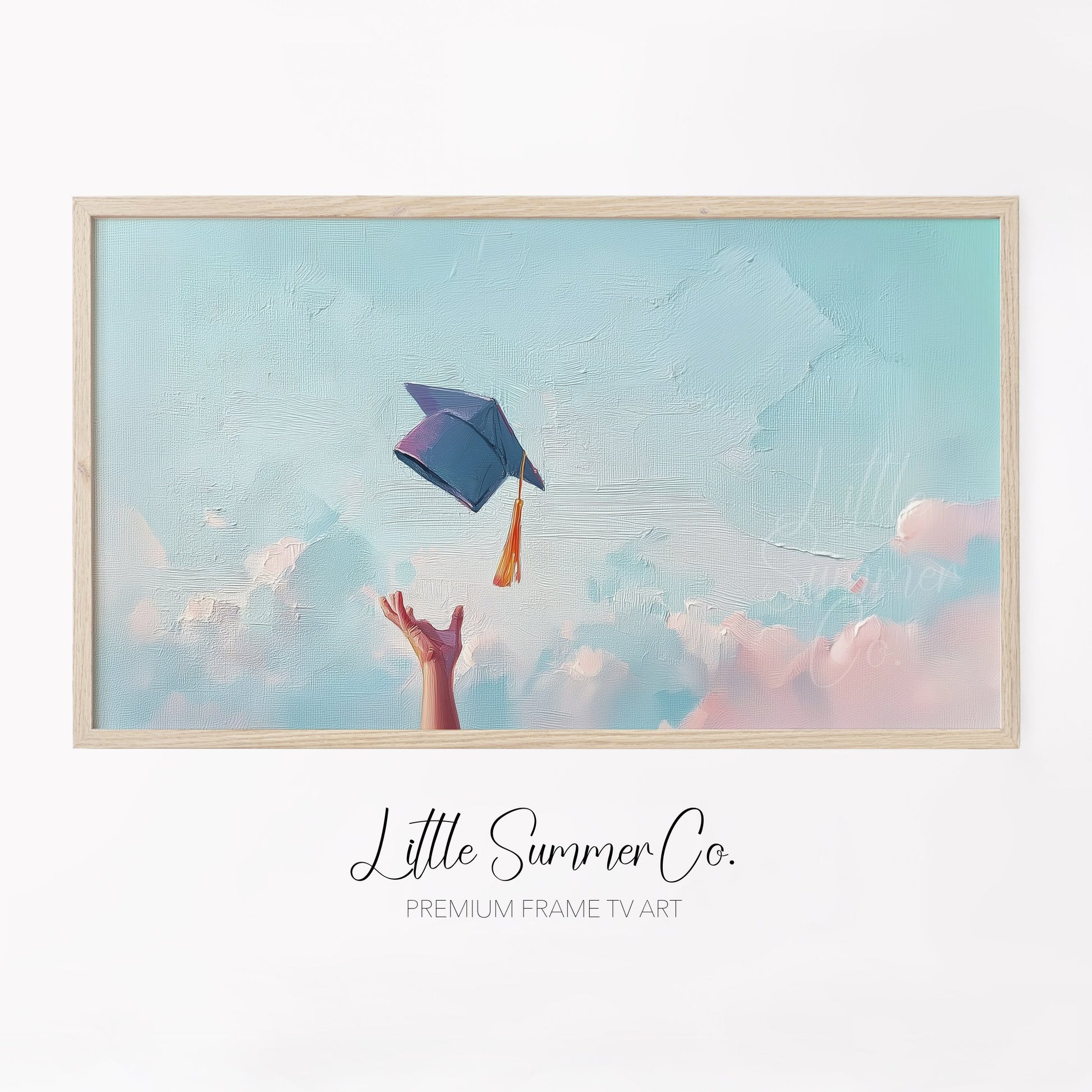 Graduation Cap Toss Sky Frame TV Art displayed on a TV