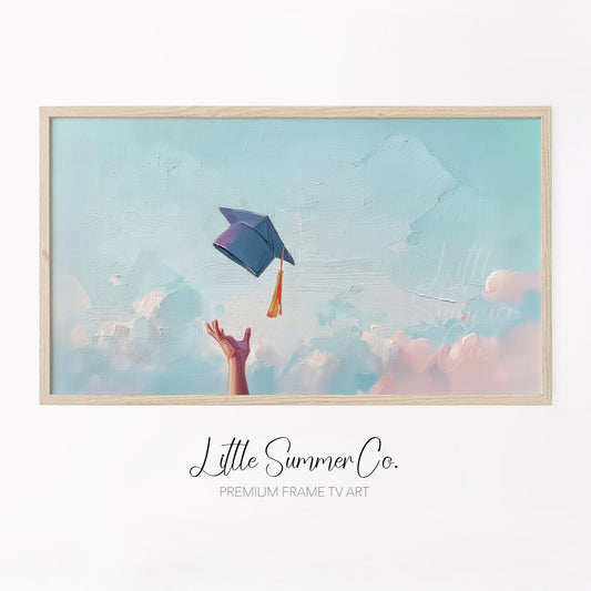 Graduation Cap Toss Sky Frame TV Art displayed on a TV