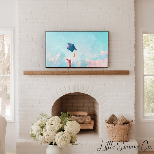 Graduation Cap Toss Sky Frame TV Art displayed on a TV