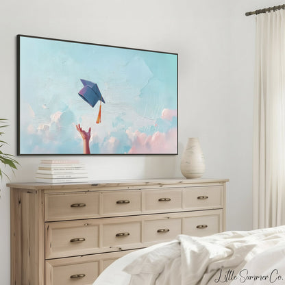 Graduation Cap Toss Sky Frame TV Art displayed on a TV