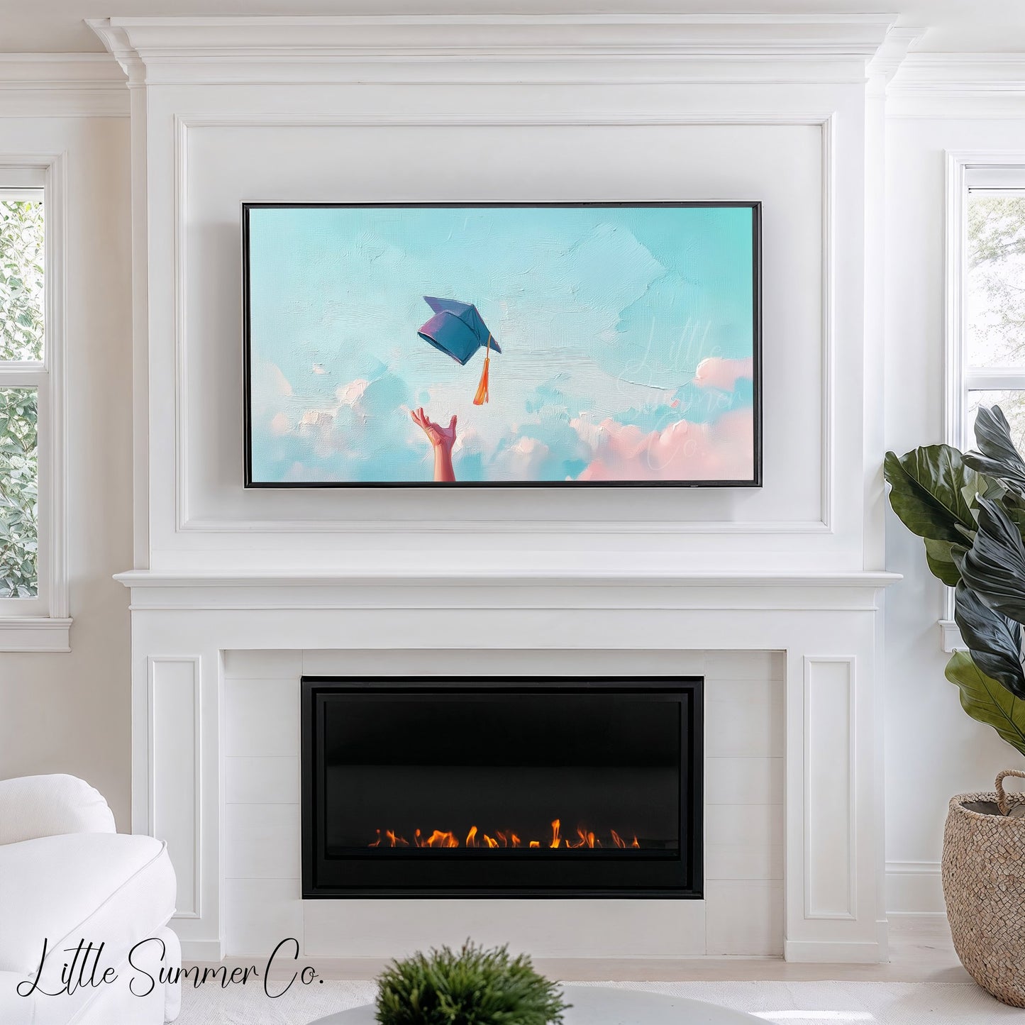 Graduation Cap Toss Sky Frame TV Art displayed on a TV