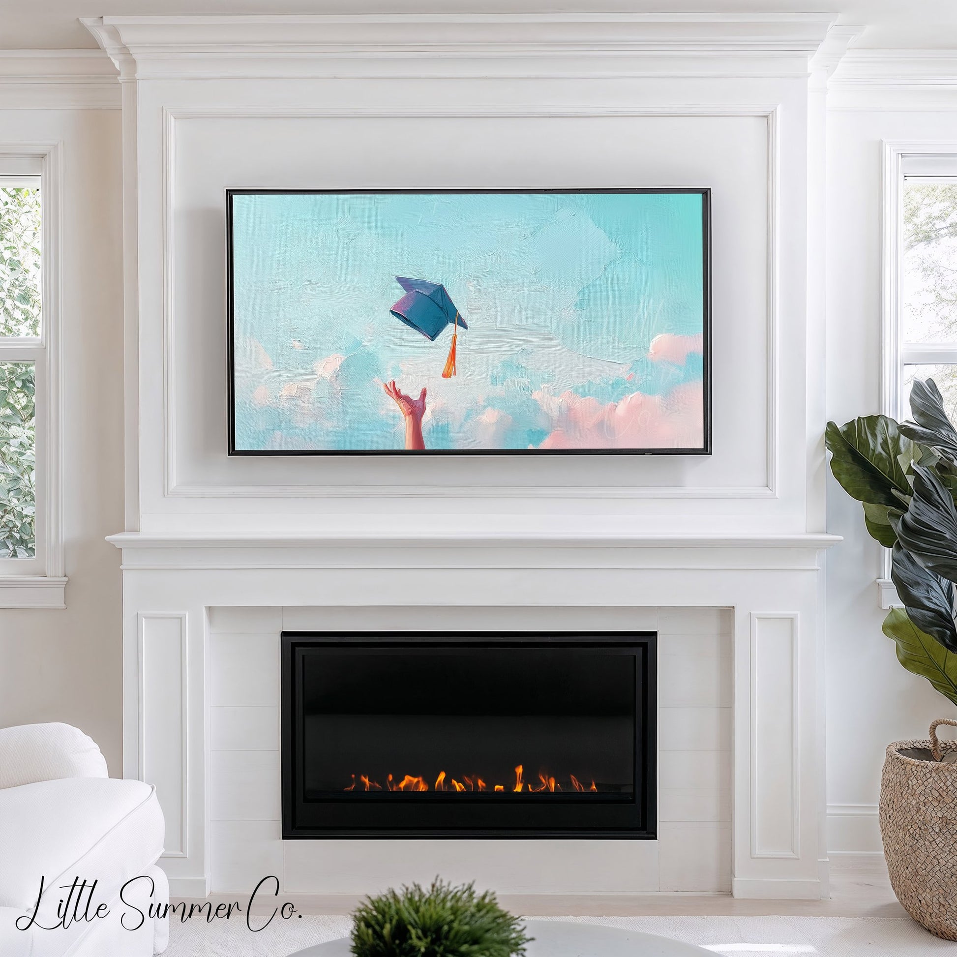 Graduation Cap Toss Sky Frame TV Art displayed on a TV