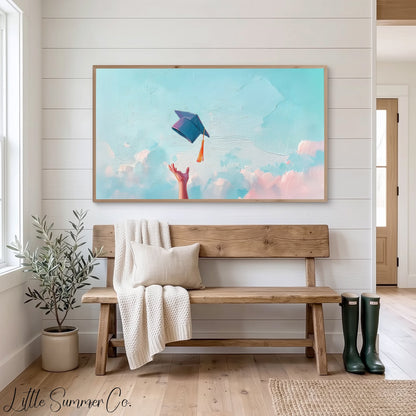 Graduation Cap Toss Sky Frame TV Art displayed on a TV