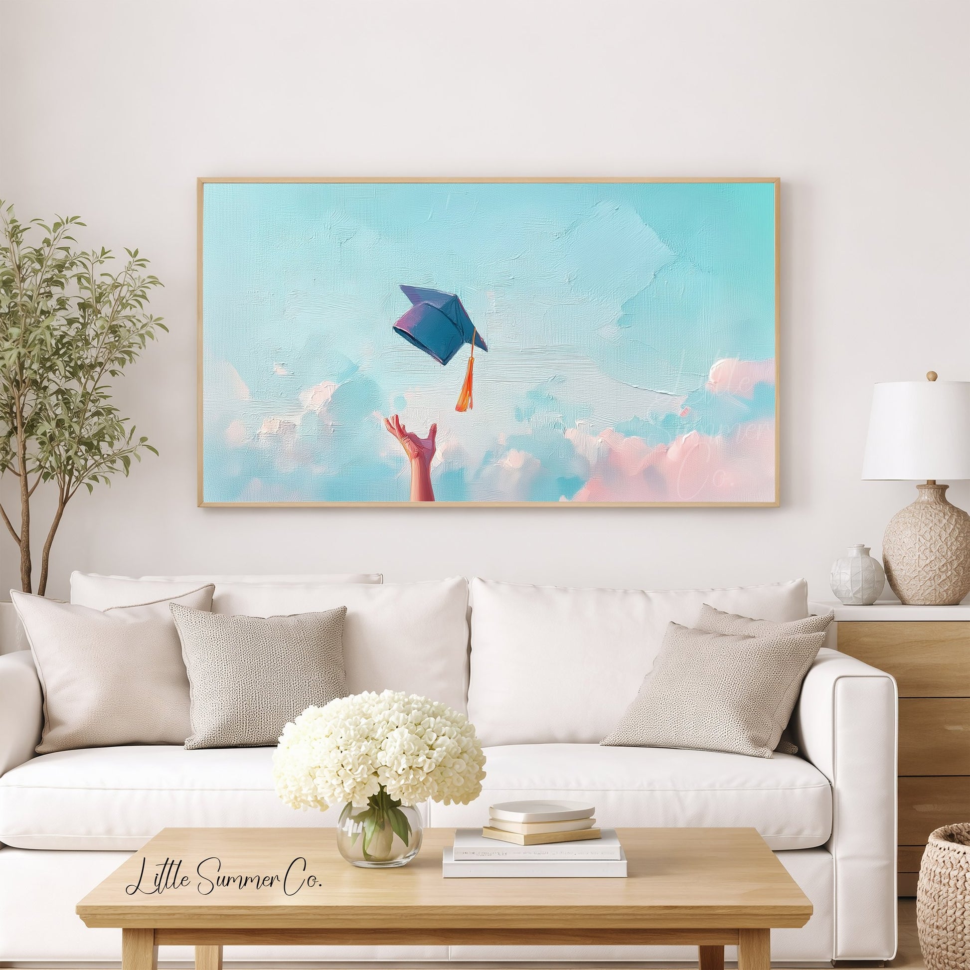 Graduation Cap Toss Sky Frame TV Art displayed on a TV