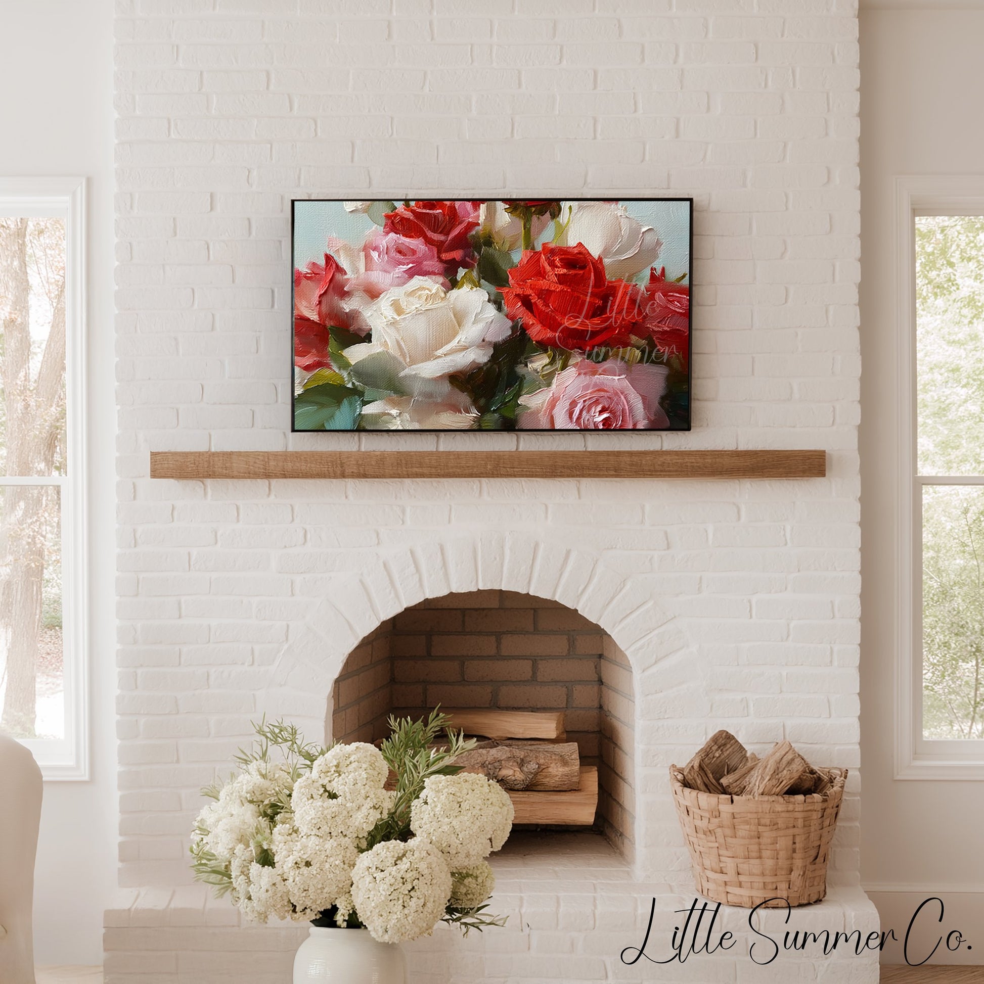 Red and White Roses Frame TV Art displayed on a TV