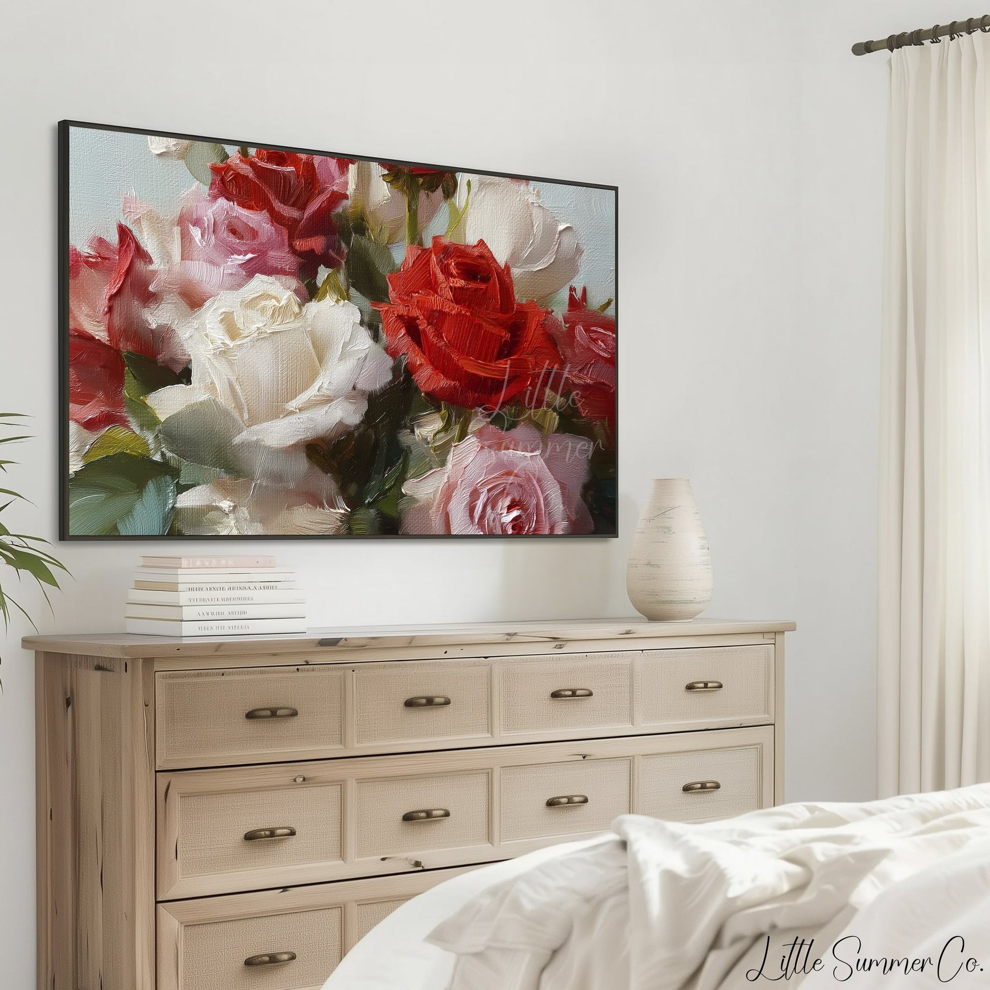 Red and White Roses Frame TV Art displayed on a TV