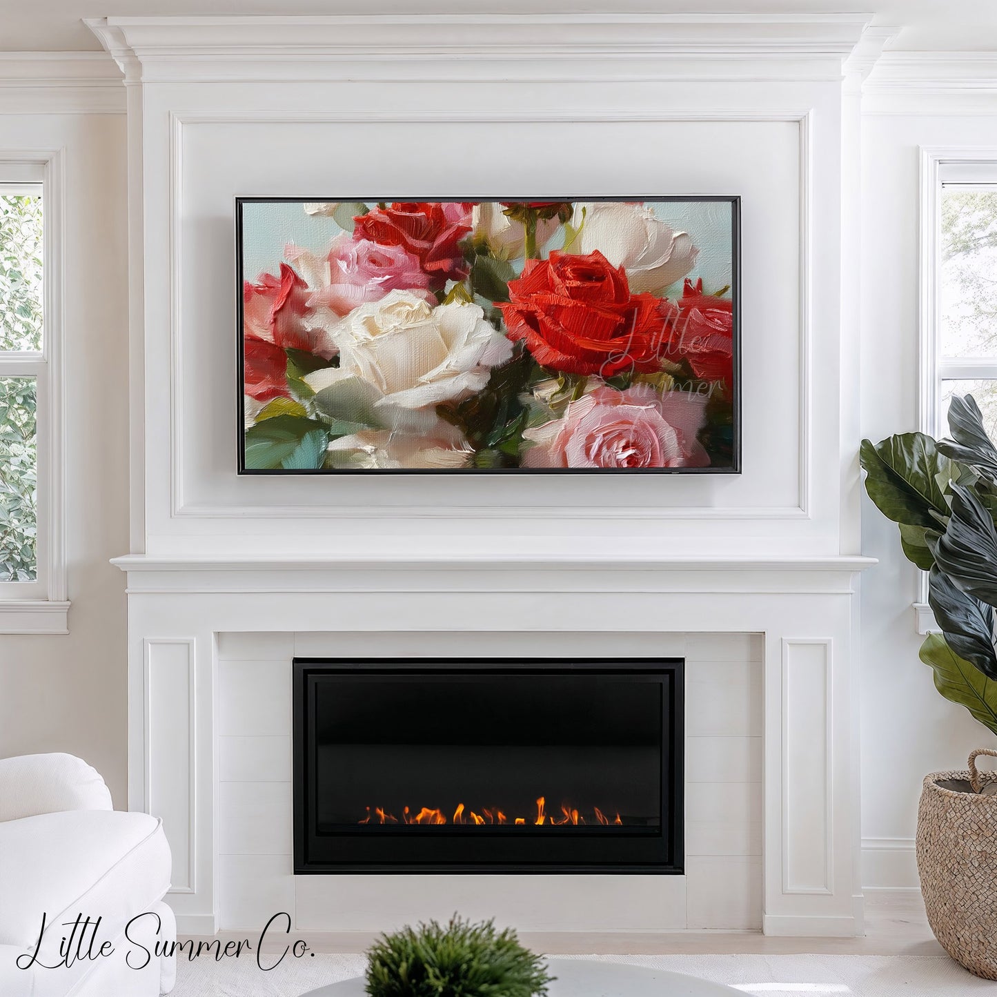 Red and White Roses Frame TV Art displayed on a TV