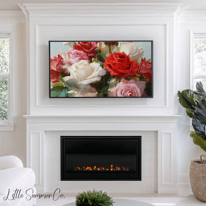Red and White Roses Frame TV Art displayed on a TV