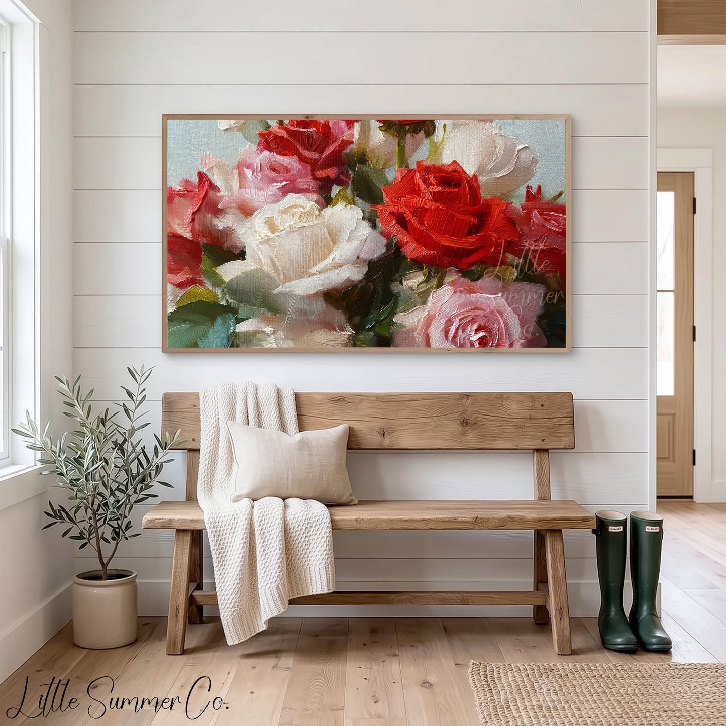 Red and White Roses Frame TV Art displayed on a TV