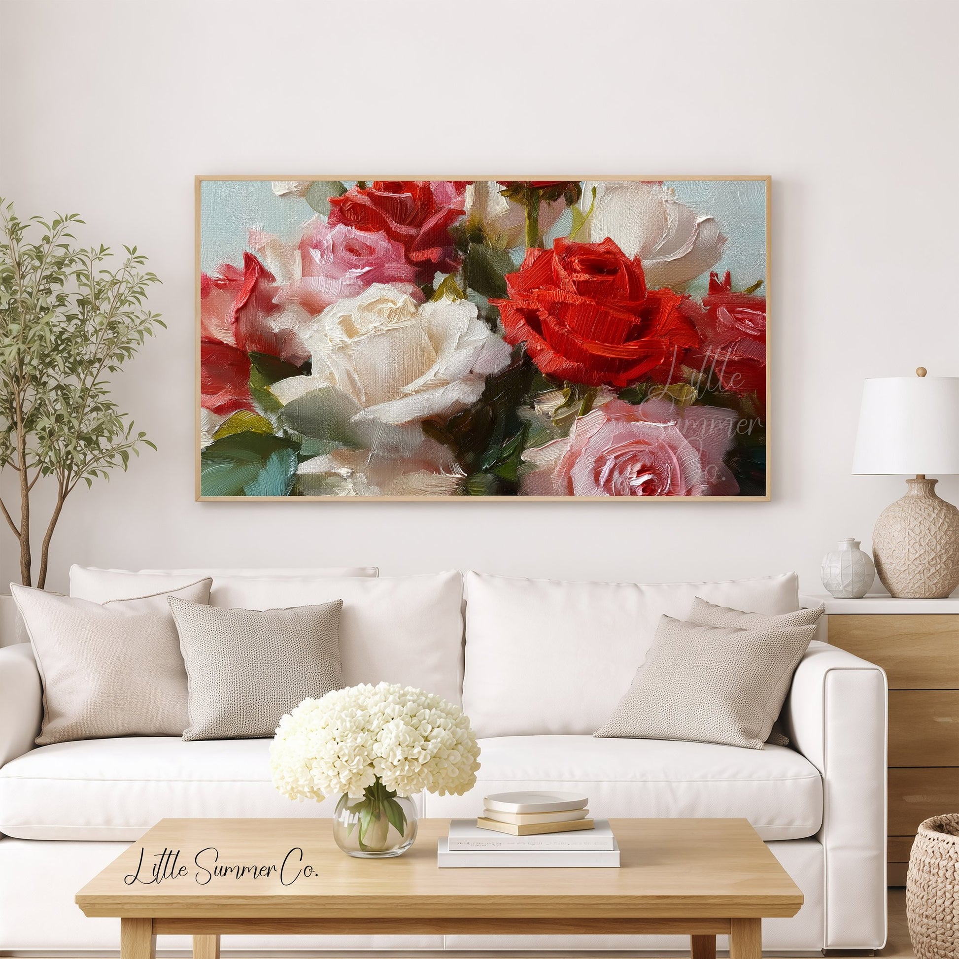 Red and White Roses Frame TV Art displayed on a TV