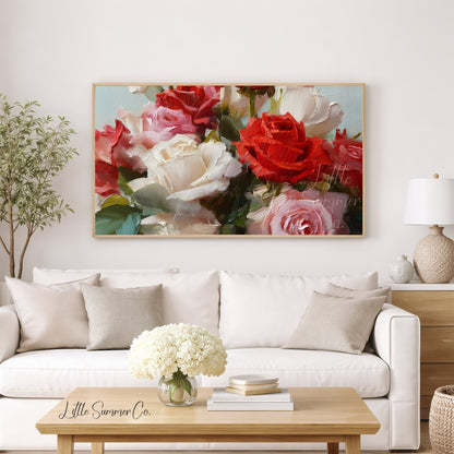 Red and White Roses Frame TV Art displayed on a TV