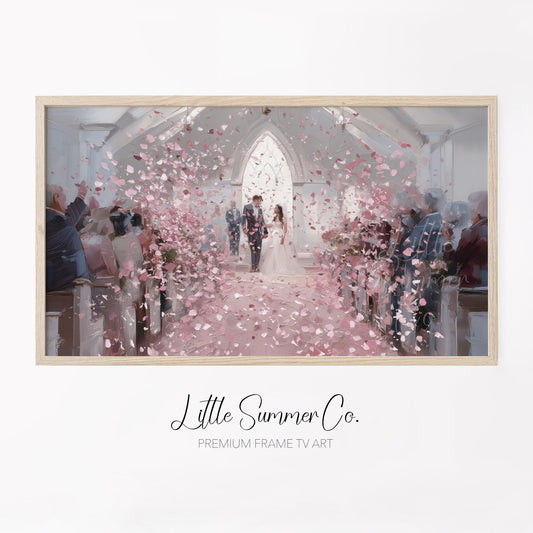 Wedding Chapel Rose Petals Frame TV Art displayed on a TV