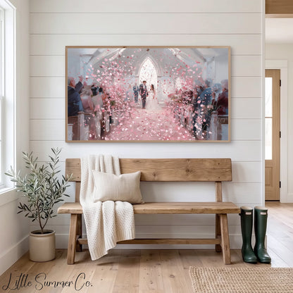 Wedding Chapel Rose Petals Frame TV Art displayed on a TV