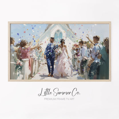 Wedding Couple Confetti Frame TV Art displayed on a TV