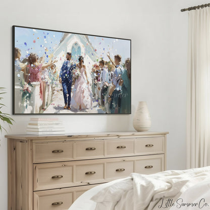 Wedding Couple Confetti Frame TV Art displayed on a TV