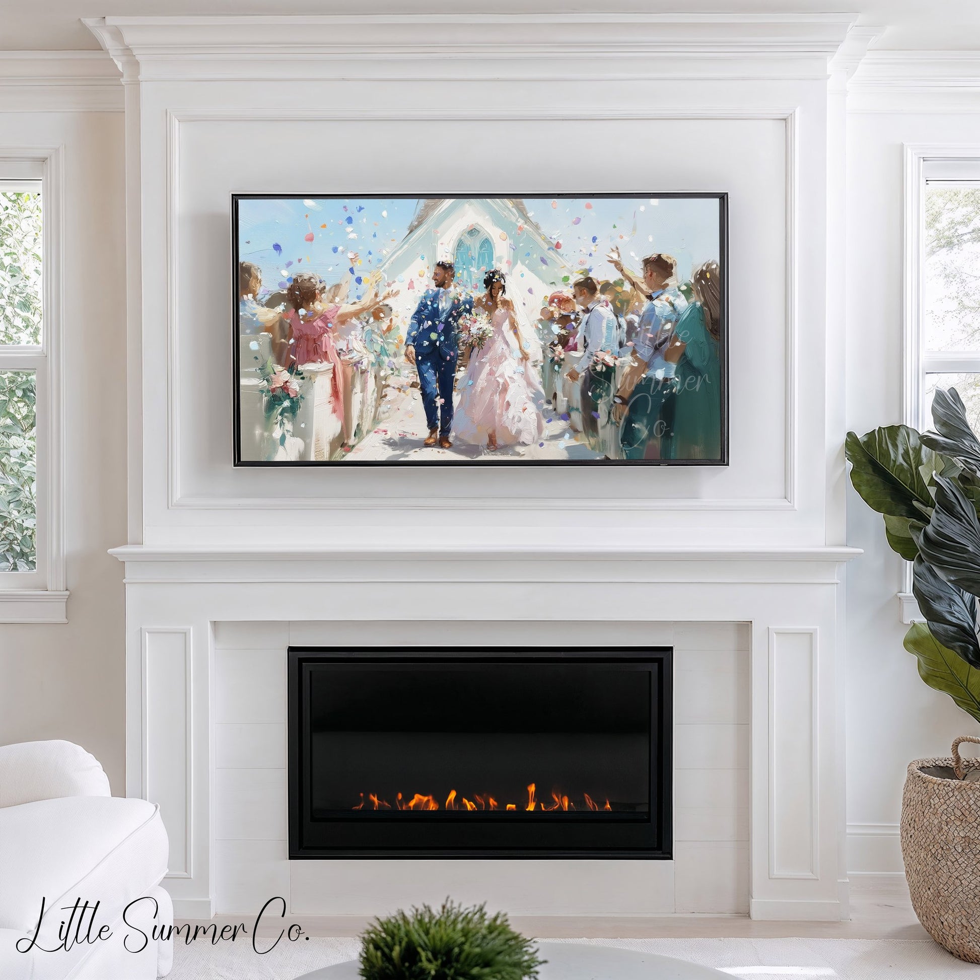 Wedding Couple Confetti Frame TV Art displayed on a TV