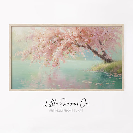 Lakeside Cherry Blossom Tree Frame TV Art displayed on a TV