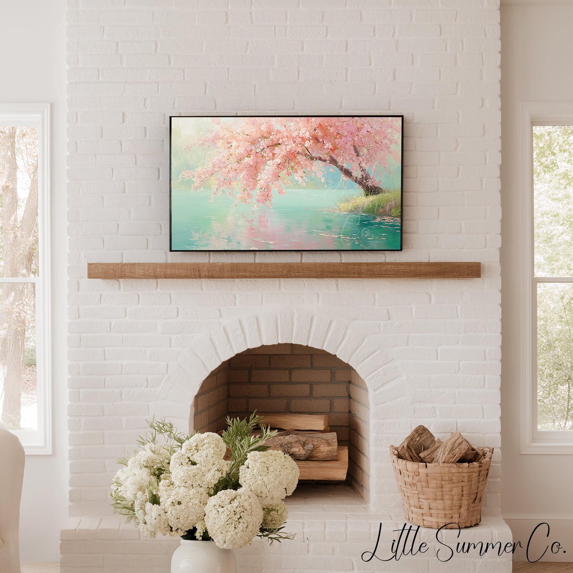 Lakeside Cherry Blossom Tree Frame TV Art displayed on a TV