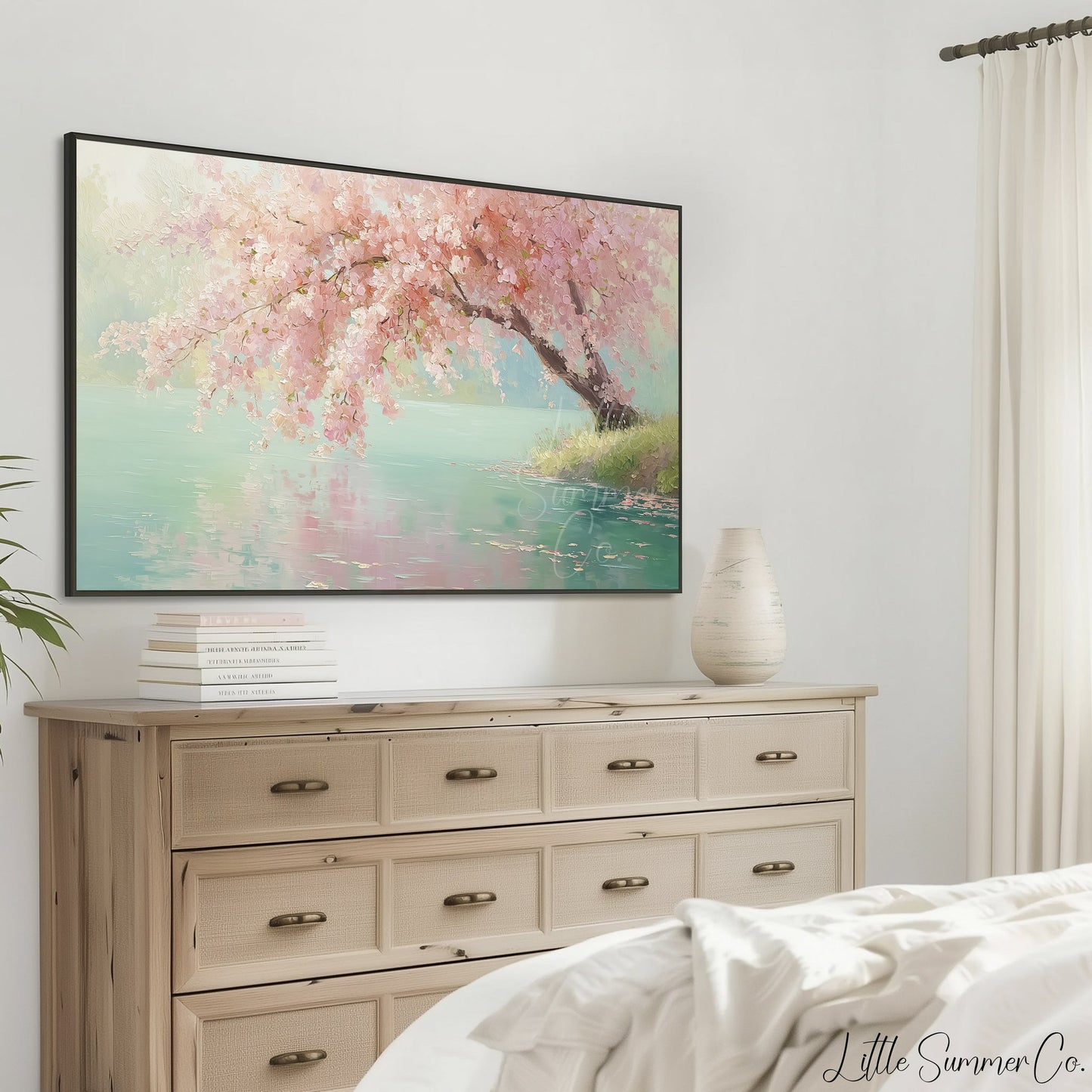 Lakeside Cherry Blossom Tree Frame TV Art displayed on a TV