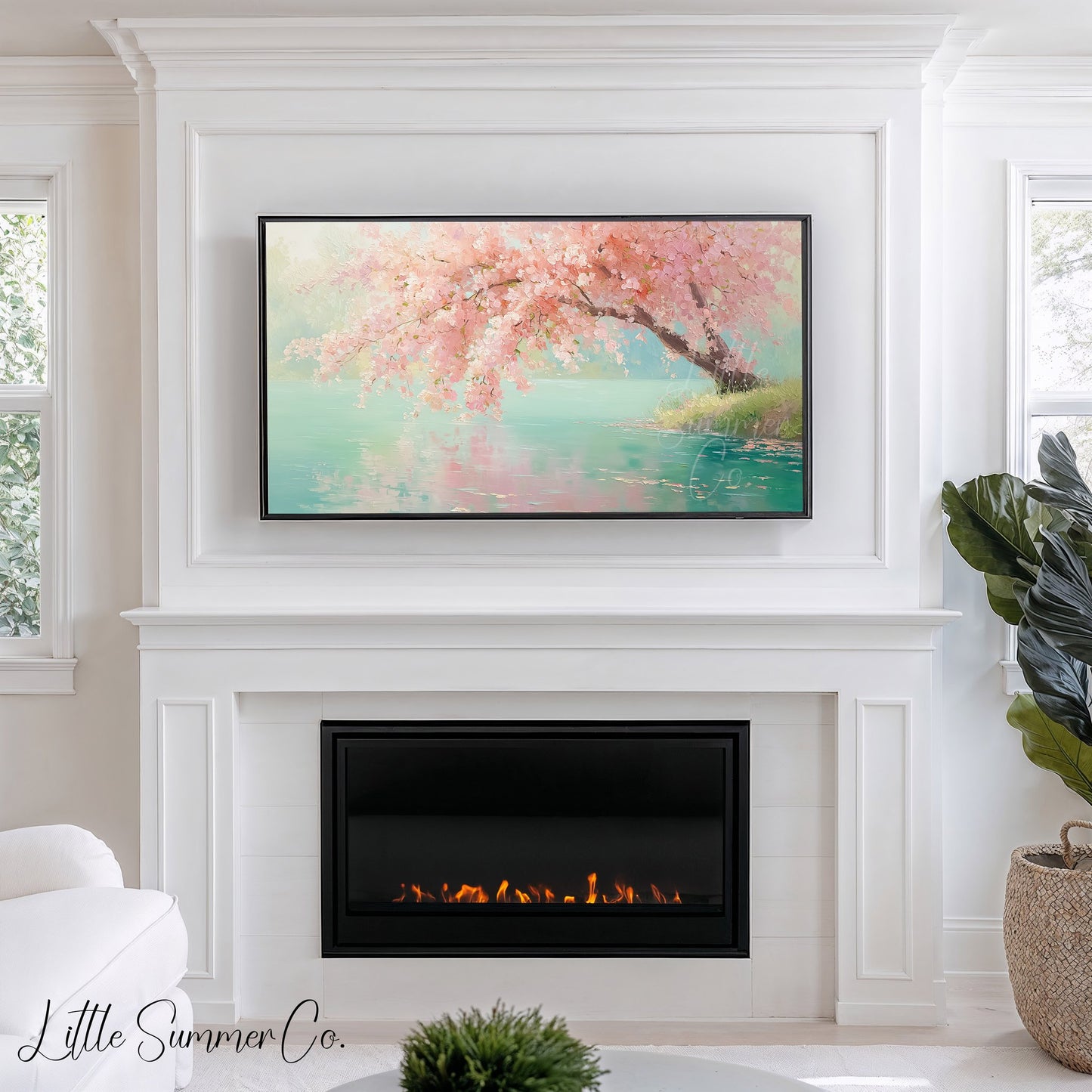 Lakeside Cherry Blossom Tree Frame TV Art displayed on a TV