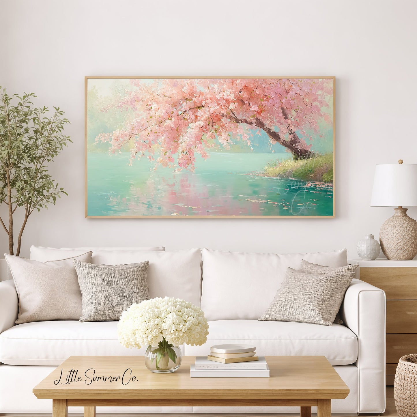 Lakeside Cherry Blossom Tree Frame TV Art displayed on a TV