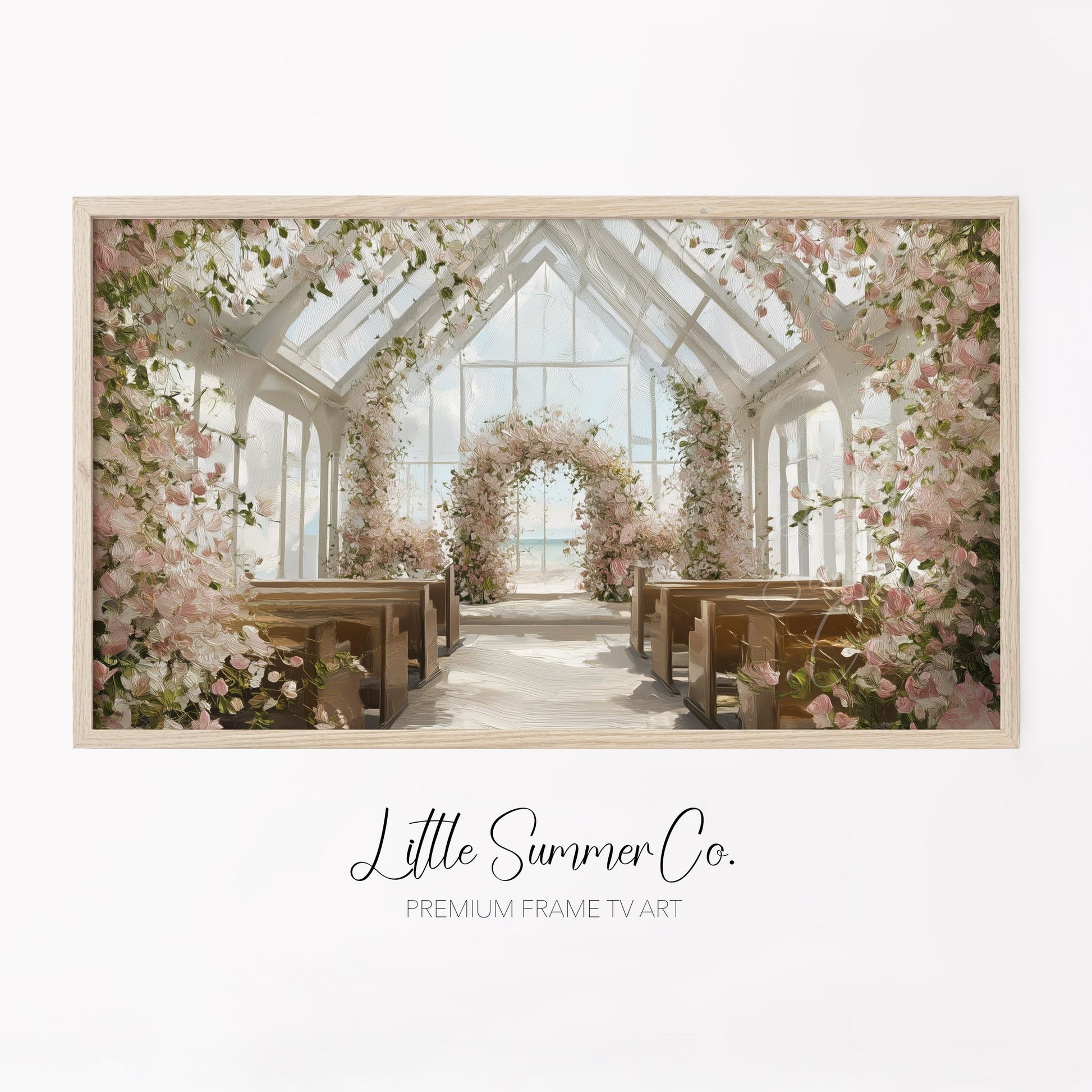 Floral Beach Wedding Chapel Frame TV Art displayed on a TV