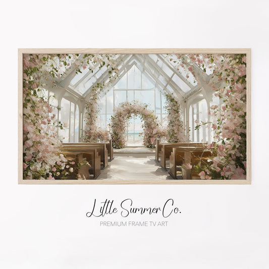 Floral Beach Wedding Chapel Frame TV Art displayed on a TV