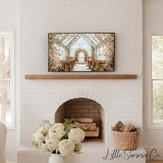 Floral Beach Wedding Chapel Frame TV Art displayed on a TV